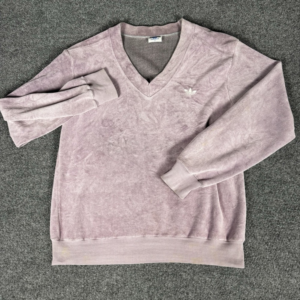 Vintage‎ 80s Adidas Dark Purple Velour V-Neck Sweatshirt Size Small